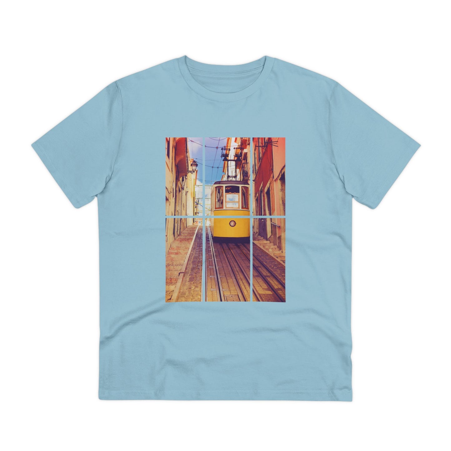 Light blue Lisbon Tram T-shirt featuring a vibrant yellow tram design. Eco-friendly and organic cotton fabric for a comfortable and sustainable fit.