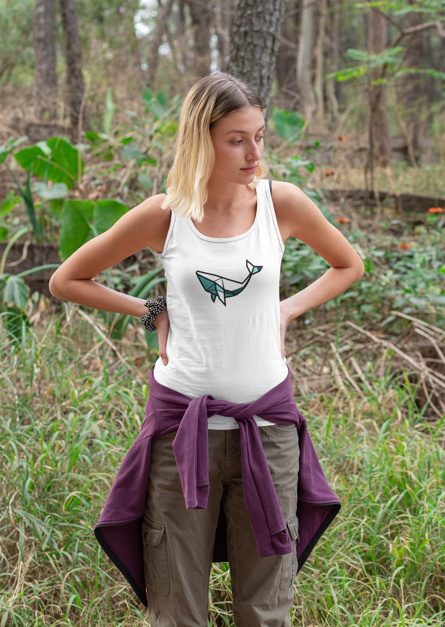 Front view of the Azores Whale Tank Top with large whale logo.