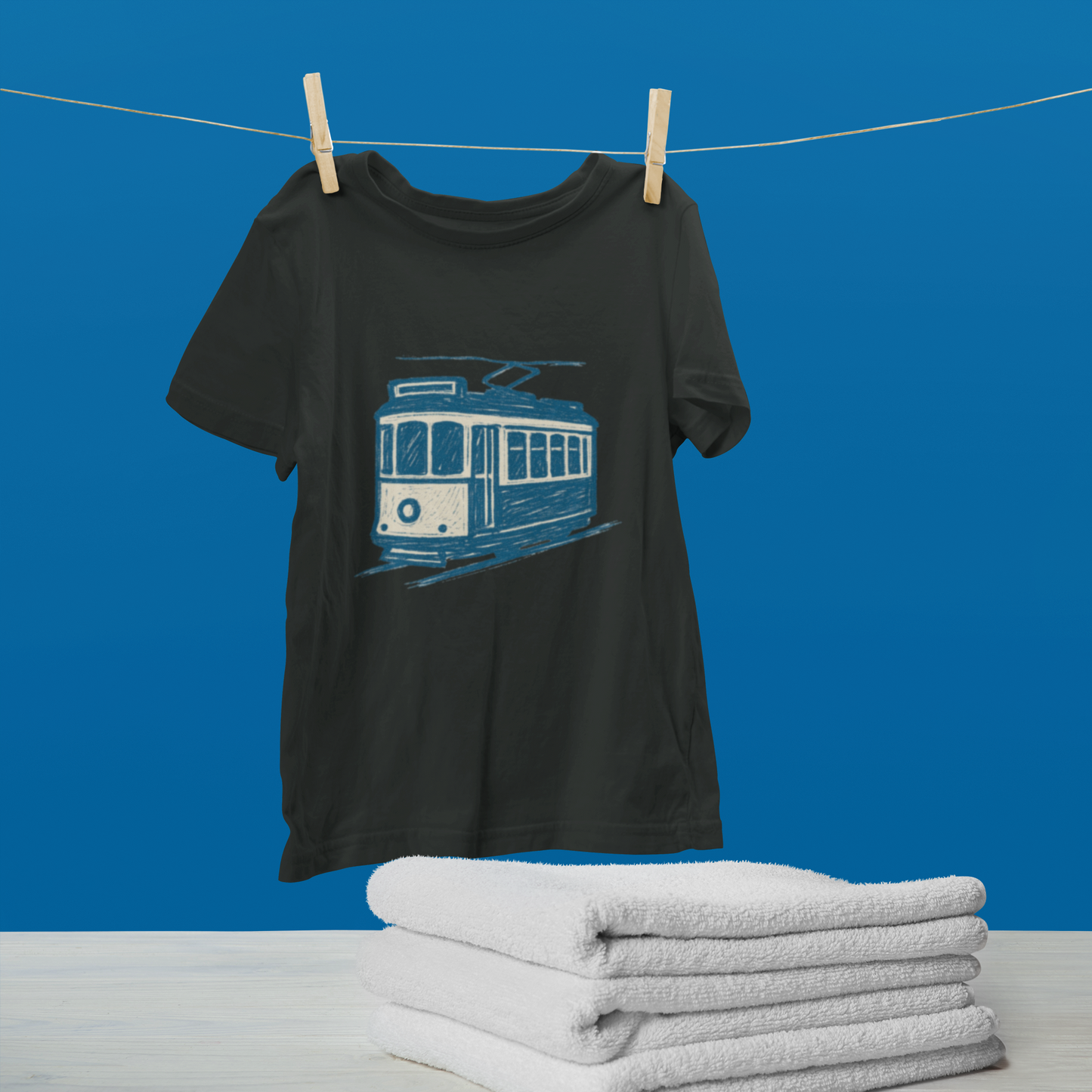 Tram motif made with brush strokes representing Portuguese culture.