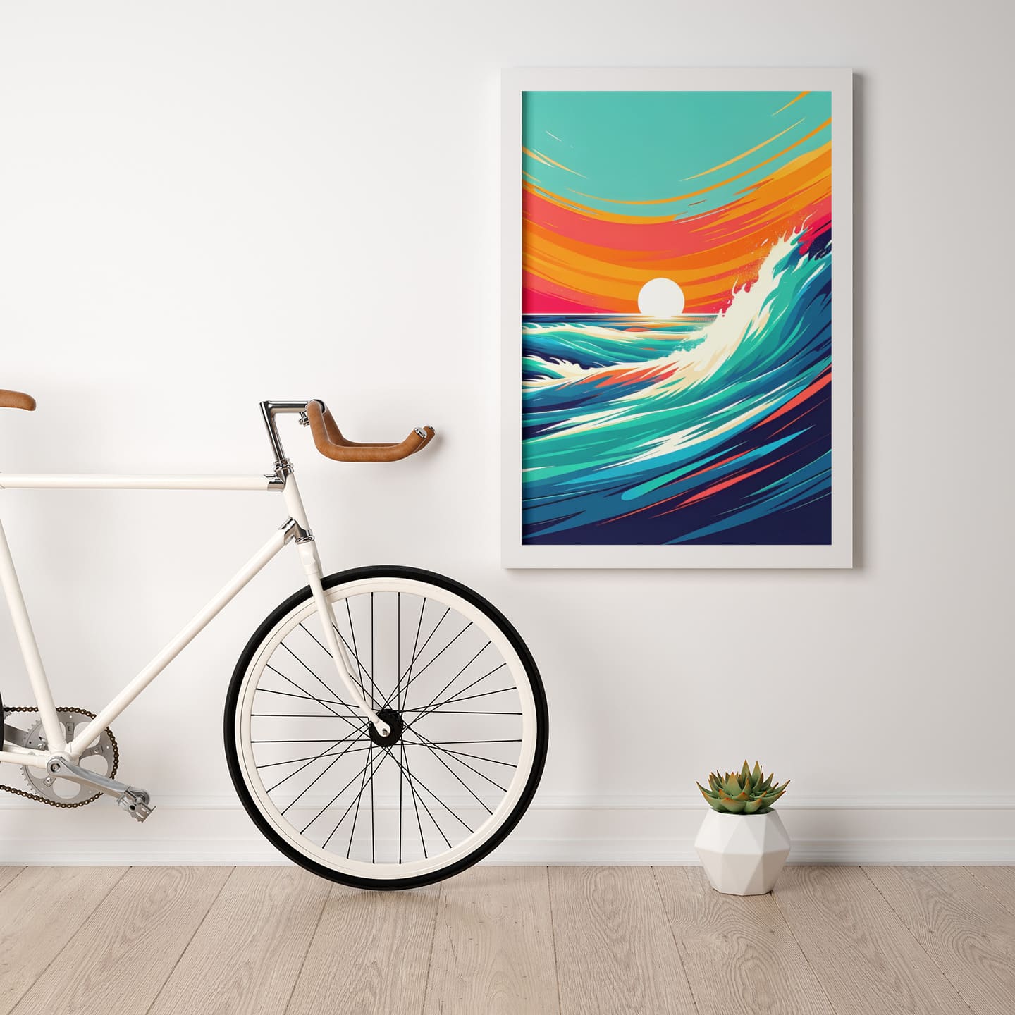 Costa Vicentina surf decor poster in a white frame, styled with a bicycle and plant. A stunning ocean-inspired wall art piece.