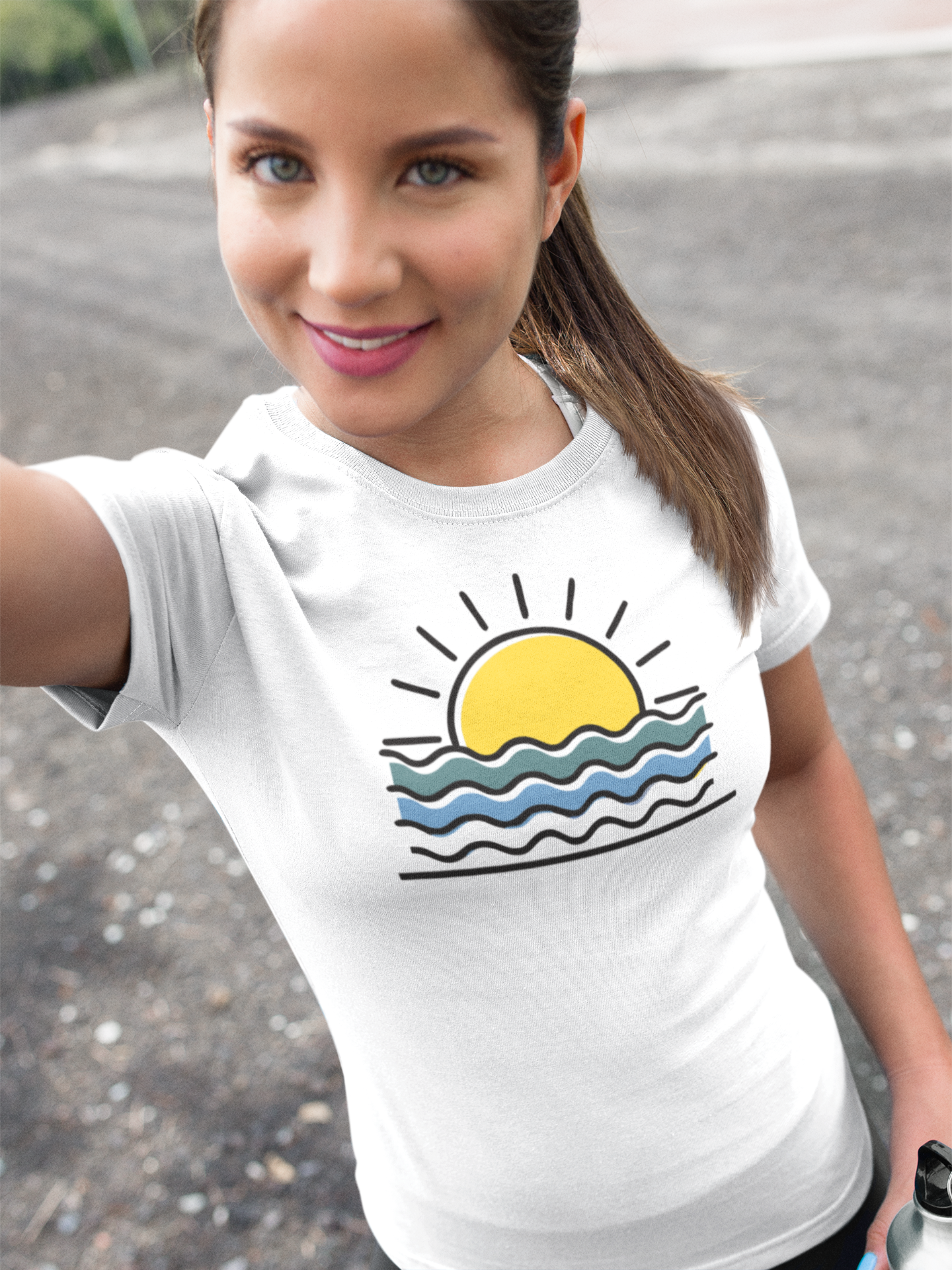 Model wearing the Sunset Over the Atlantic T-Shirt, perfect for ocean lovers.