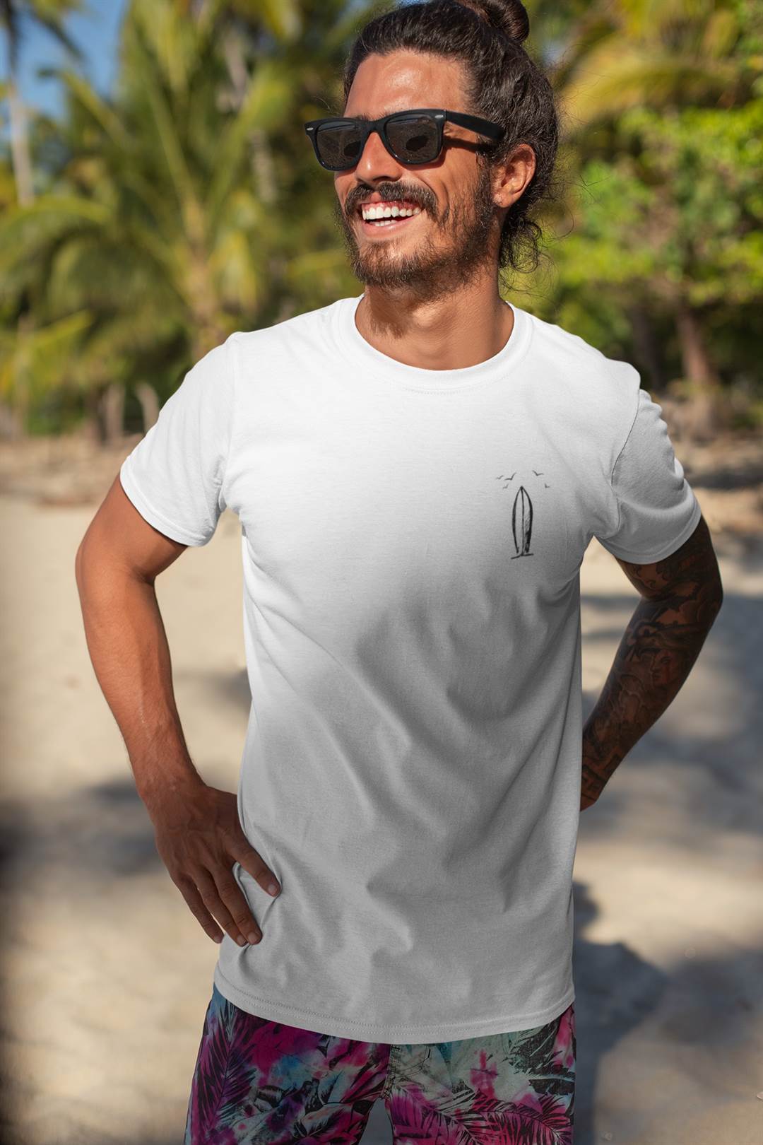 Lightweight white Ericeira Surfboard Organic Menās T-Shirt, perfect for beach days. Features a minimalist surfboard design and made from organic cotton.