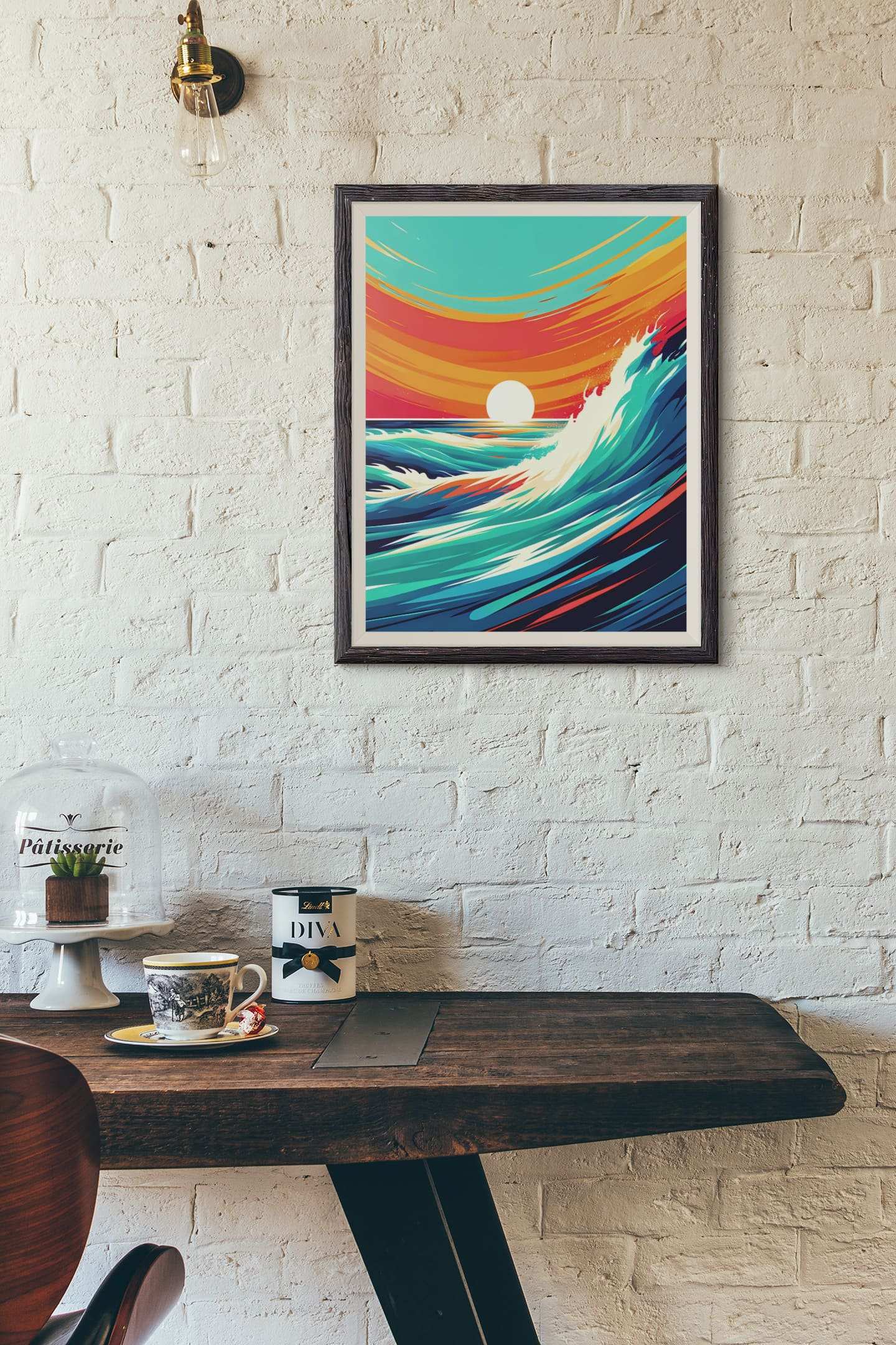Framed Costa Vicentina wave print on a textured white wall above a rustic wooden table. A perfect ocean-inspired artwork for home decor.
