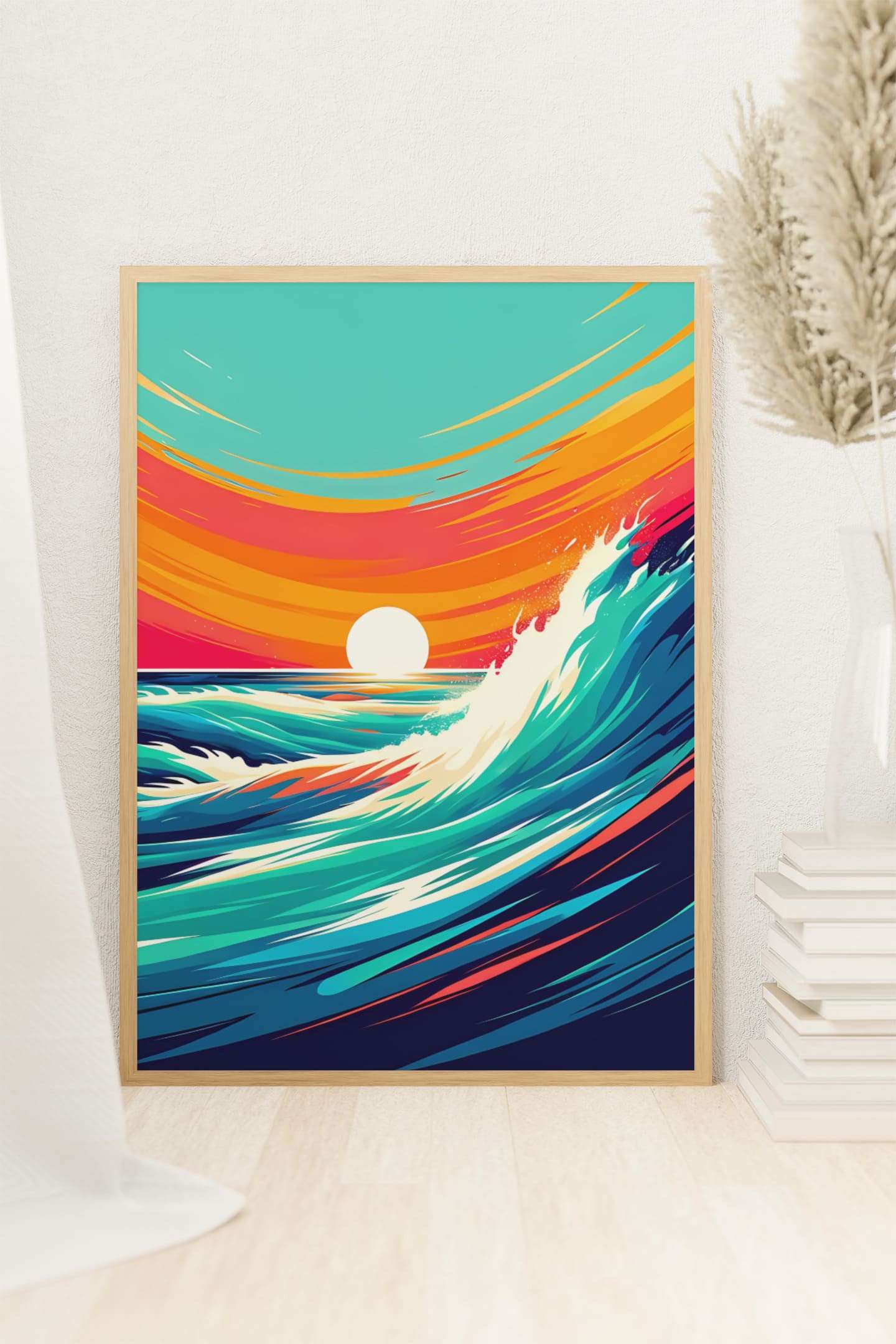 Coastal wave poster with a wooden frame, leaning against a wall. A vibrant Costa Vicentina print for beach and surf lovers.