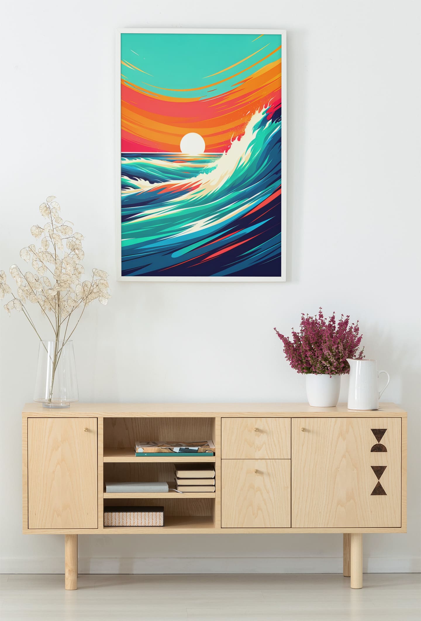 Costa Vicentina printed poster in a white frame, styled on a wooden cabinet. A vibrant surf decor piece for modern interiors.
