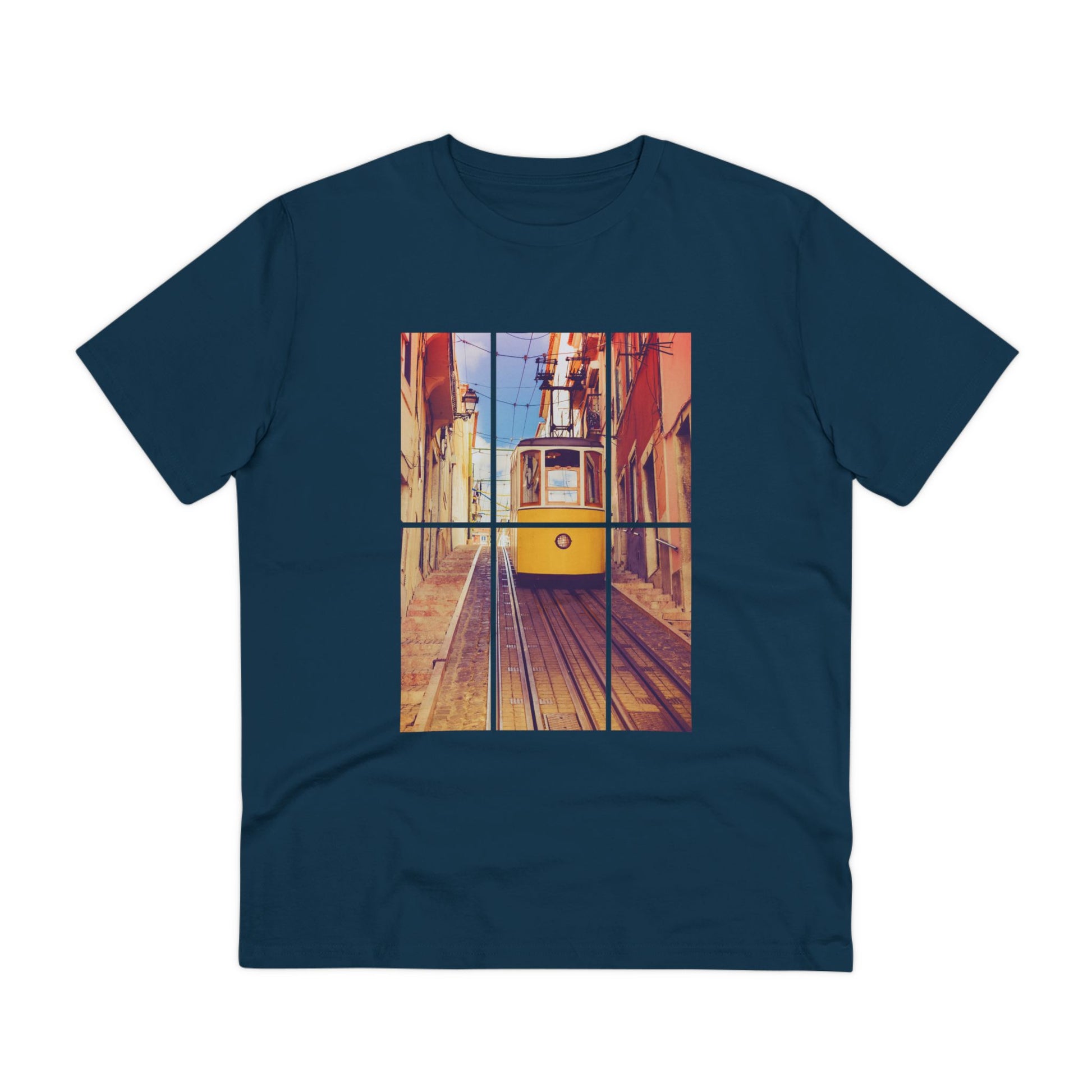 Navy blue Lisbon Tram T-shirt showcasing the iconic yellow tram design. Made from organic and eco-friendly fabric for a stylish and sustainable wardrobe.