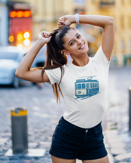 Unisex organic cotton t-shirt with minimal artistic Lisbon tram logo.