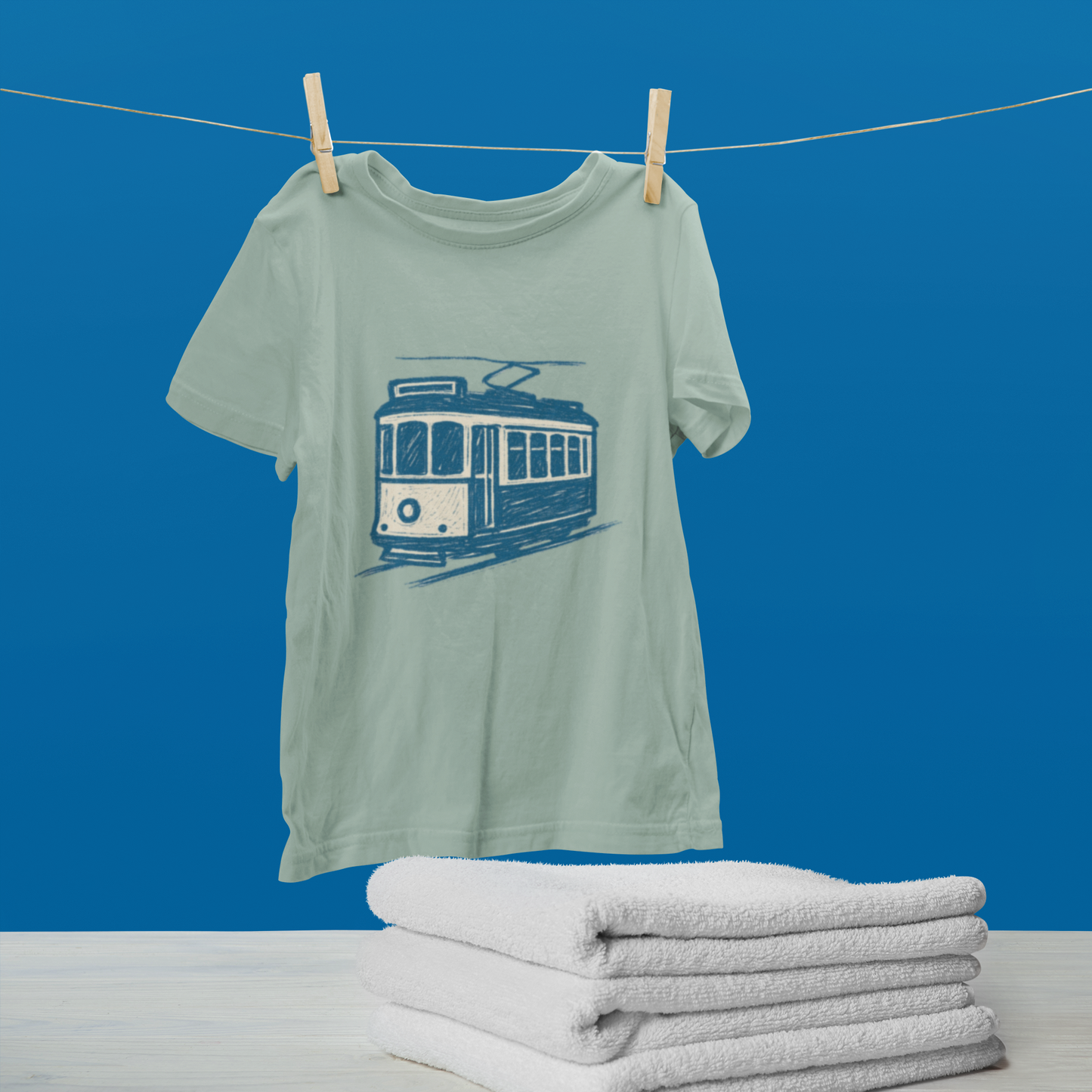 Brush-stroke tram logo on chest of white organic t-shirt.