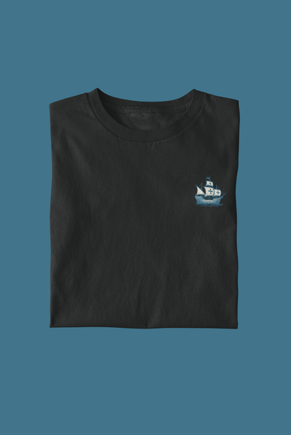 Folded eco-friendly t-shirt with caravela line art.