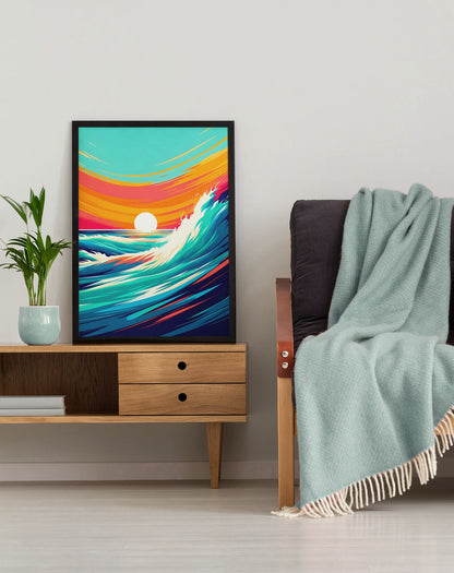 Costa Vicentina wave print in a black frame, leaning against a wall beside a cozy sofa. A perfect surf decor piece for relaxation spaces.