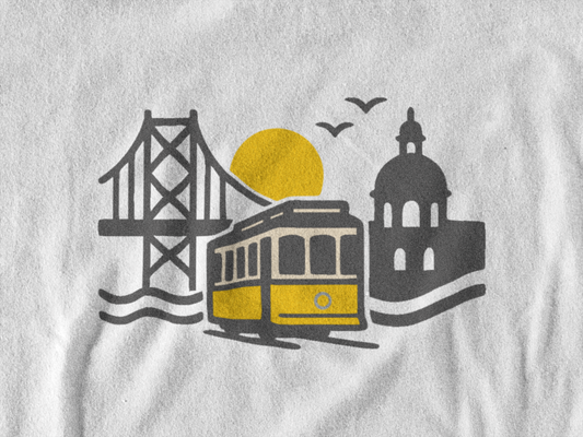 T-shirt with a design of a bridge, tram, and building on a white background