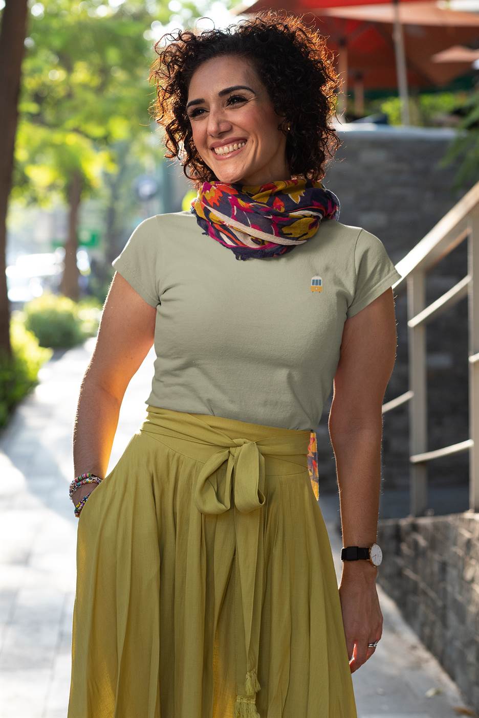 Light olive Lisbon Electrico Tram T-Shirt with a minimalist tram design. Soft organic cotton ensures comfort and sustainability.