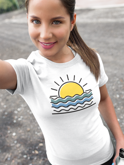 Model wearing the Sunset Over the Atlantic T-Shirt, perfect for ocean lovers.