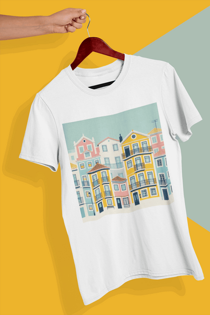 White unisex T-shirt with Lisbon Alfama houses design, made from organic cotton. Eco-friendly and stylish, perfect for casual wear or gifting.