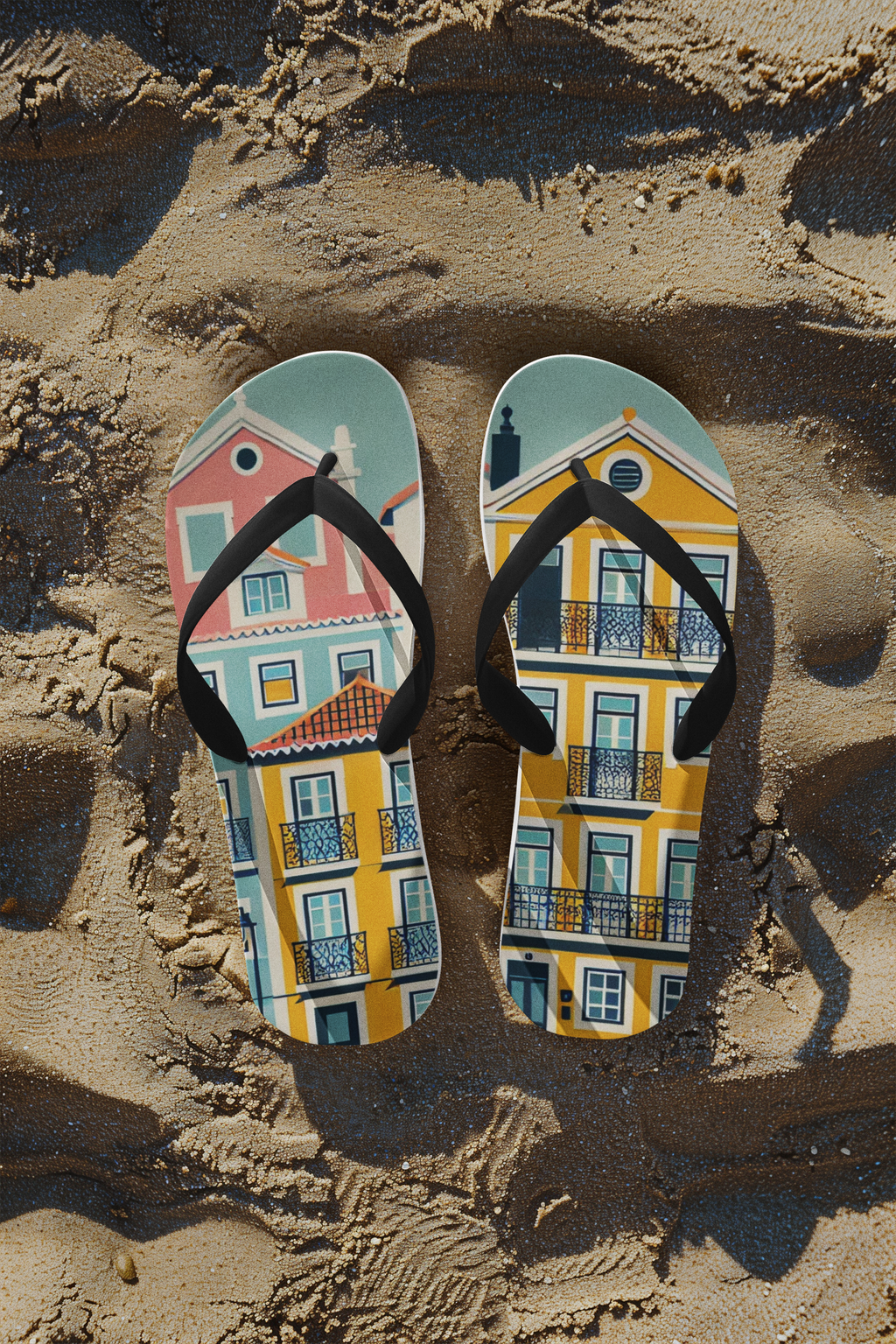 Colorful Lisbon-themed flip flops from the Alfama Collection resting on sandy beach, offering comfort and durability for sunny adventures.