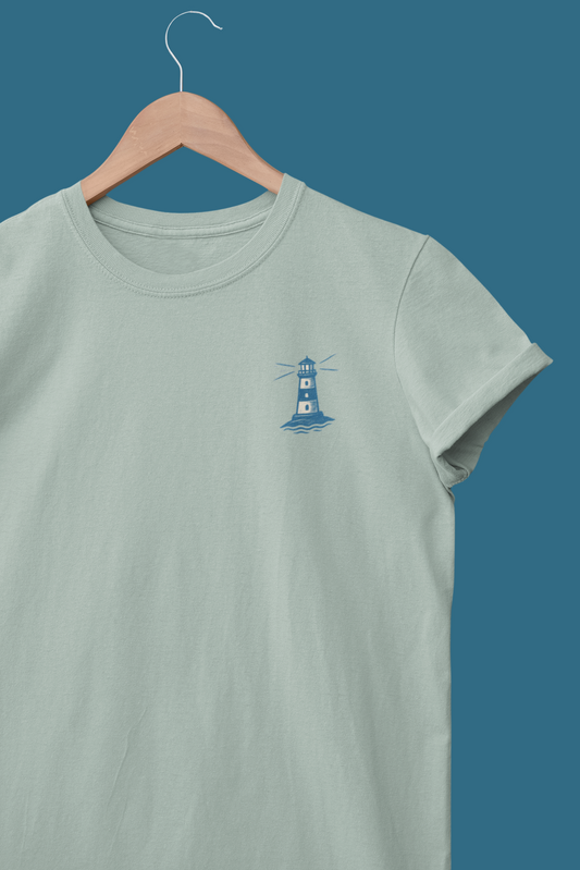 Unisex organic cotton t-shirt with minimal lighthouse logo.