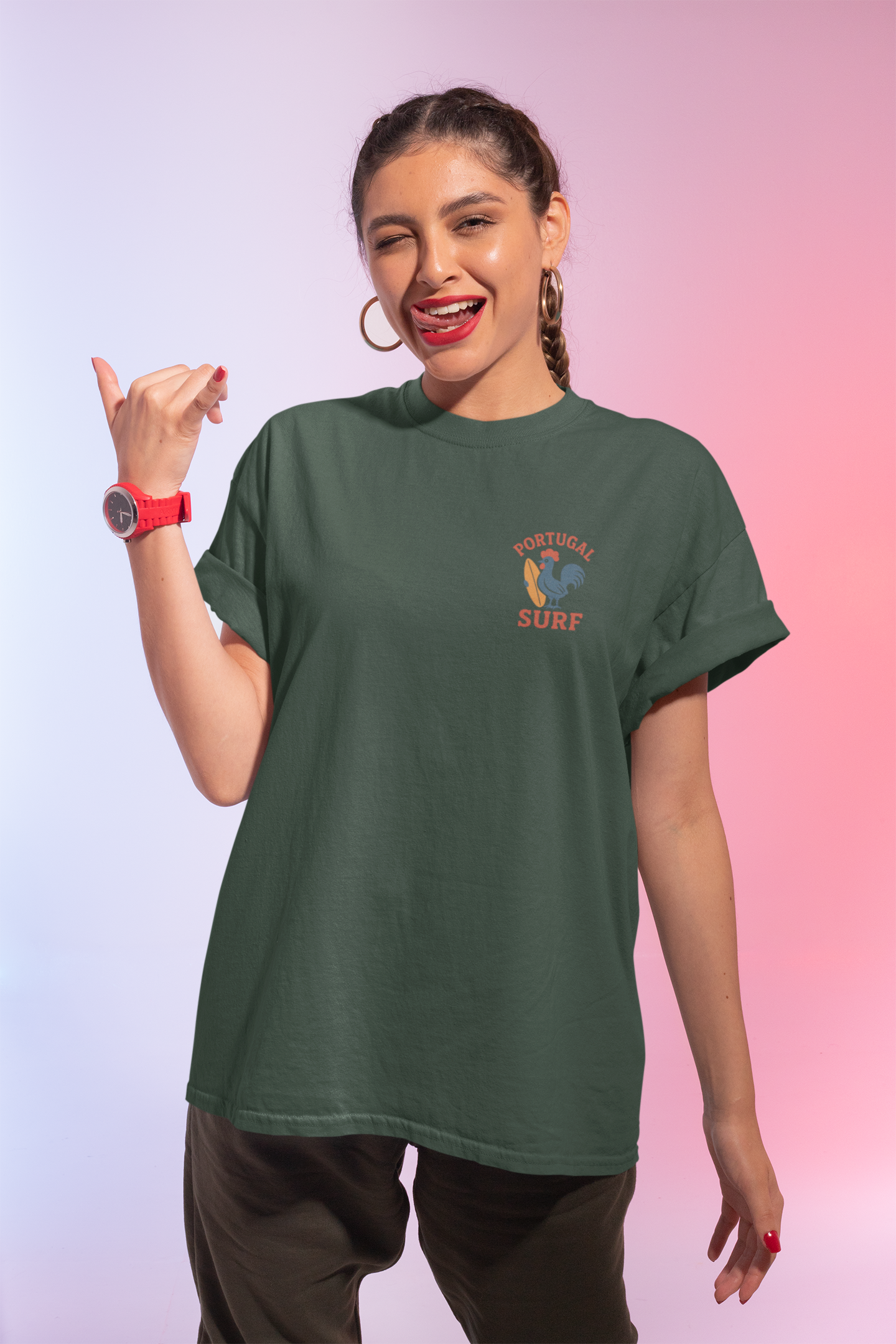 Front view of the Surf Rooster T-Shirt, featuring Galo de Barcelos with surfboard.