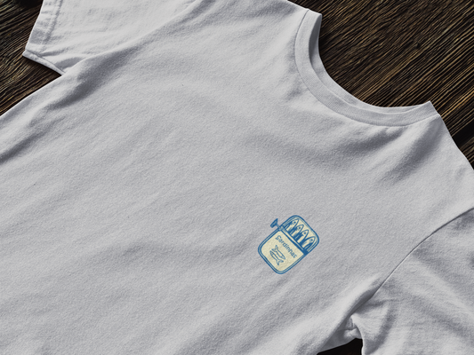 GOTS-certified t-shirt with symbolic sardine can logo.