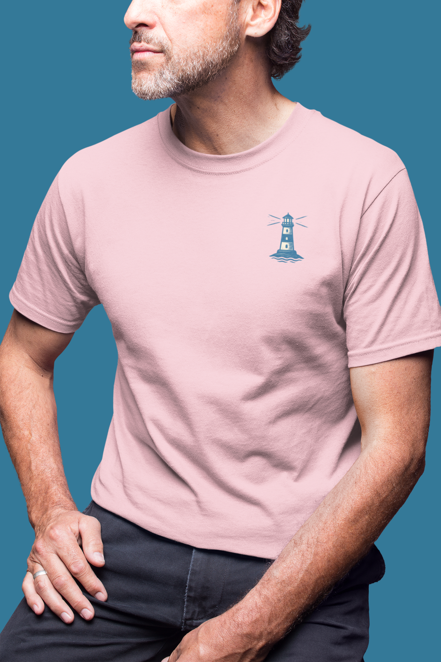 Heritage design shirt with lighthouse symbol.