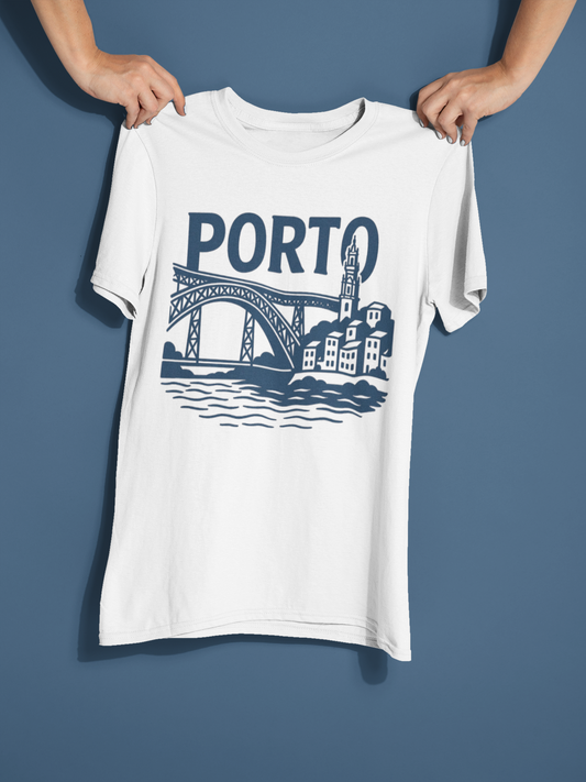 Side view of the Unisex Porto Typography Shirt, relaxed fit.