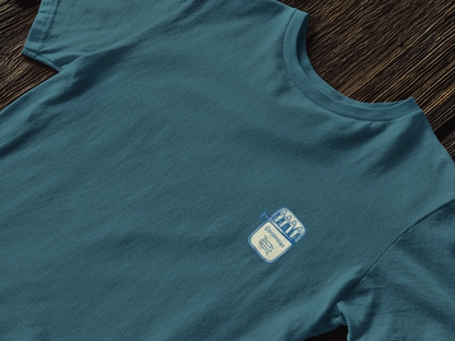 Heritage design shirt with canned sardine illustration.