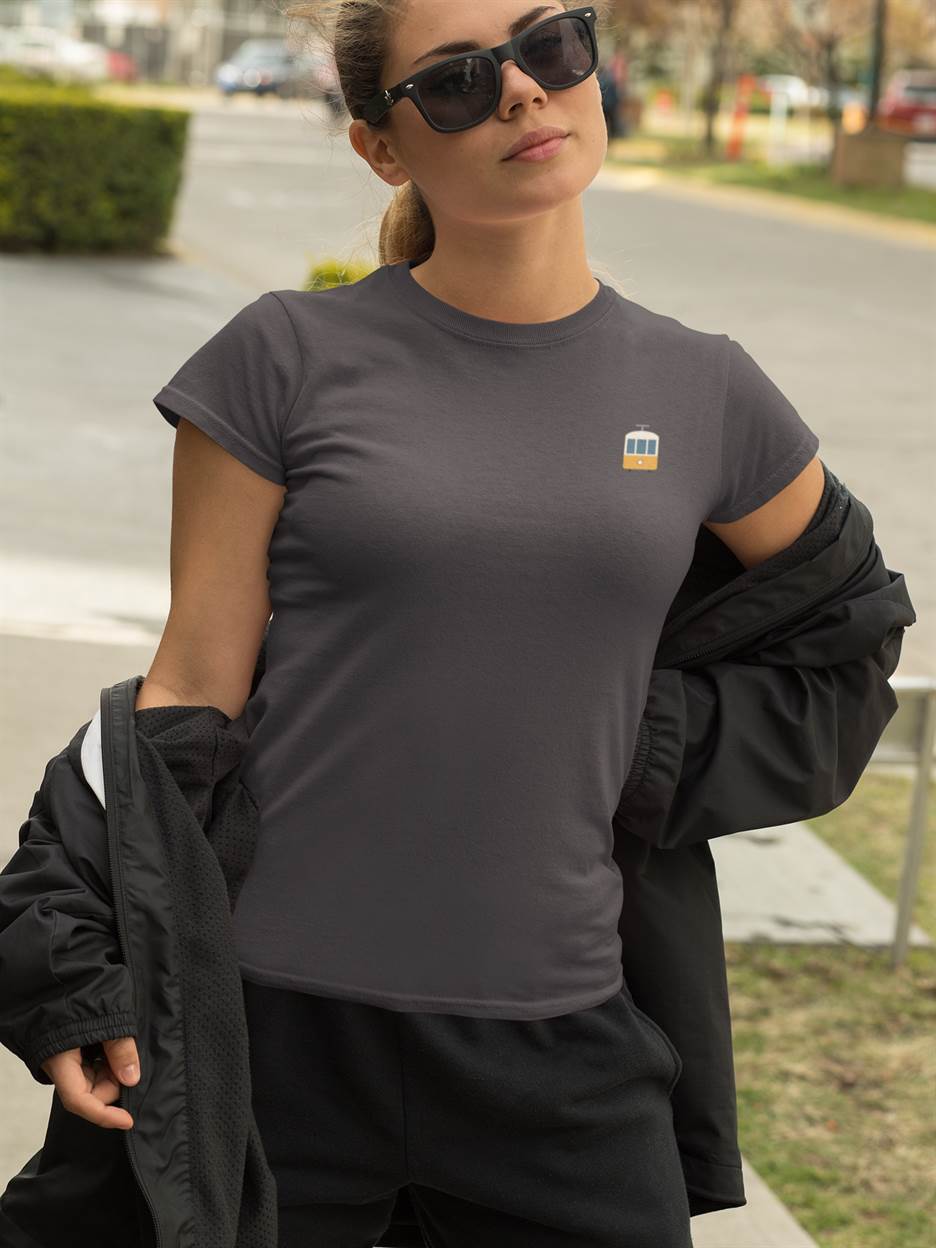 Dark gray Lisbon Electrico Tram T-Shirt with a small tram graphic. Organic cotton fabric ensures softness and eco-friendly wear.