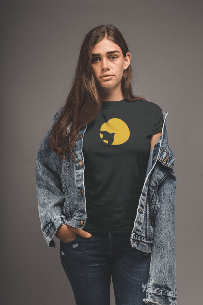 Black unisex t-shirt featuring a unique cat and sun design, blending artistic style with comfort. Made from organic cotton for a sustainable fashion choice.