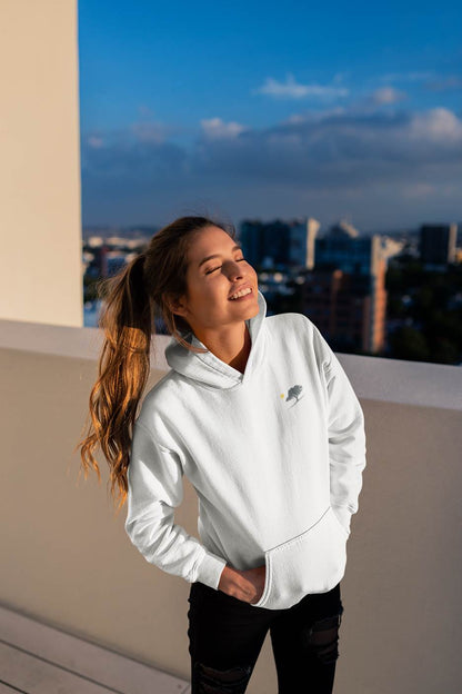 White Evora Sunset Minimal Organic Hoodie with a minimalist oak tree design. Comfortable, ethical, and inspired by the serene landscapes of Portugal.
