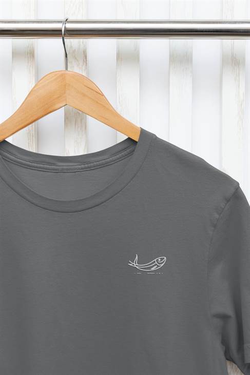 Gray embroidered sardine t-shirt on a hanger, featuring a minimalist fish design. Crafted from organic cotton for a soft and sustainable wear.