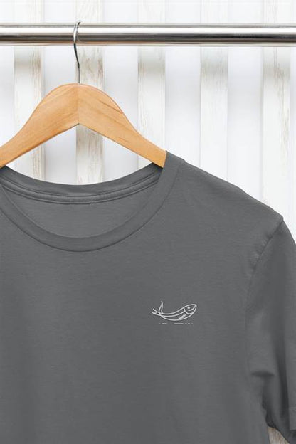Gray embroidered sardine t-shirt on a hanger, featuring a minimalist fish design. Crafted from organic cotton for a soft and sustainable wear.
