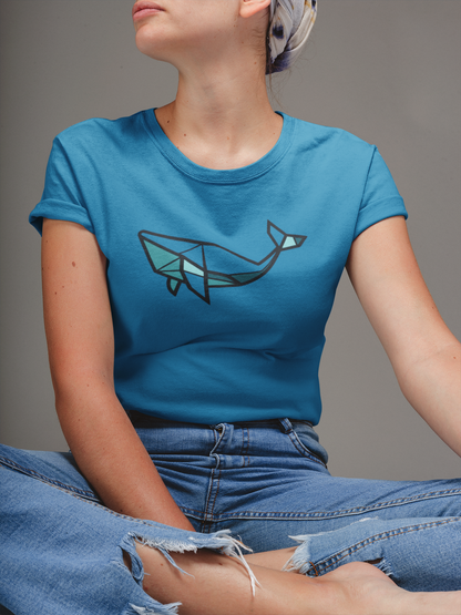 Flatlay of organic cotton whale shirt, large front graphic.