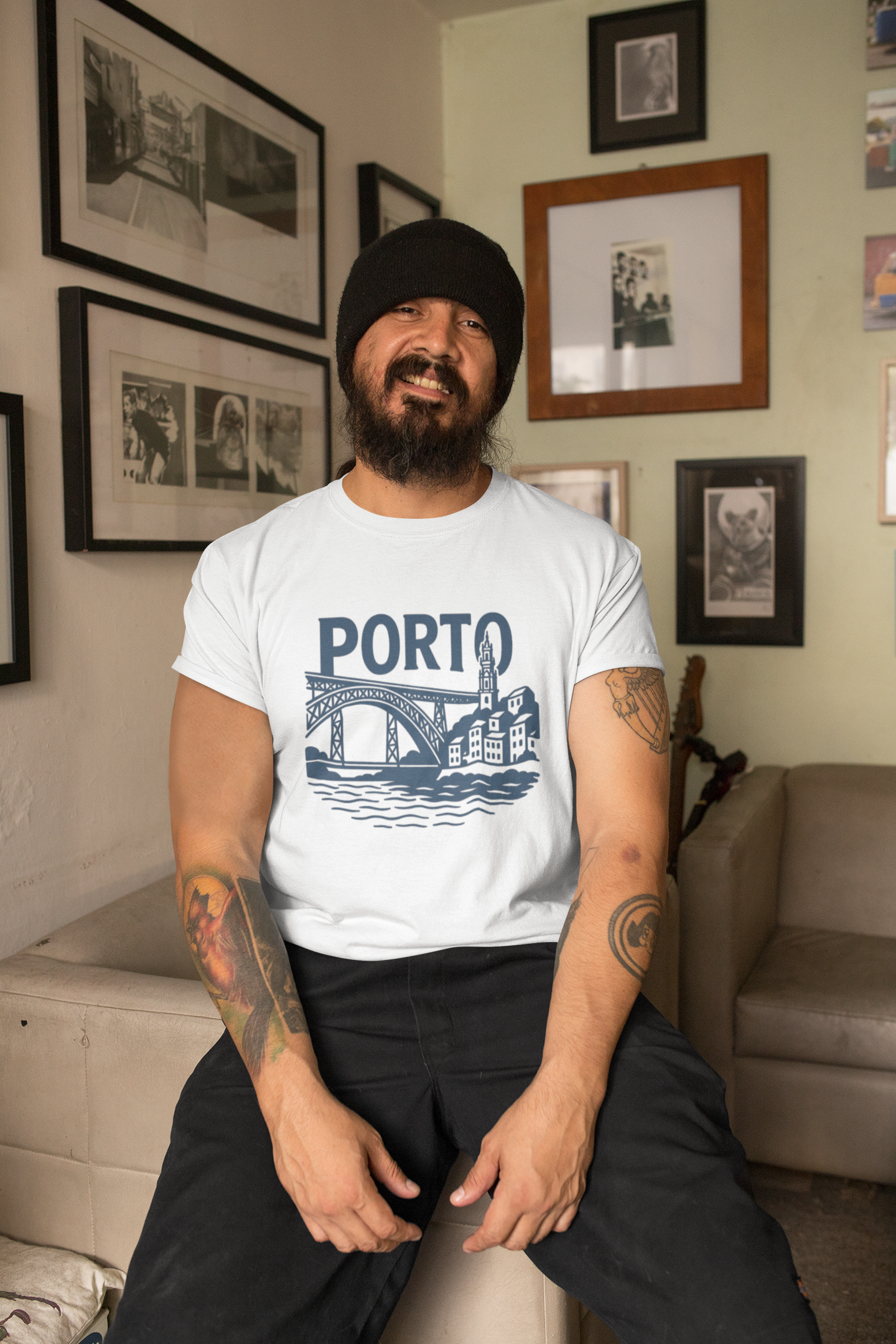 Model wearing the PORTO graphic tee, inspired by Portugal.

