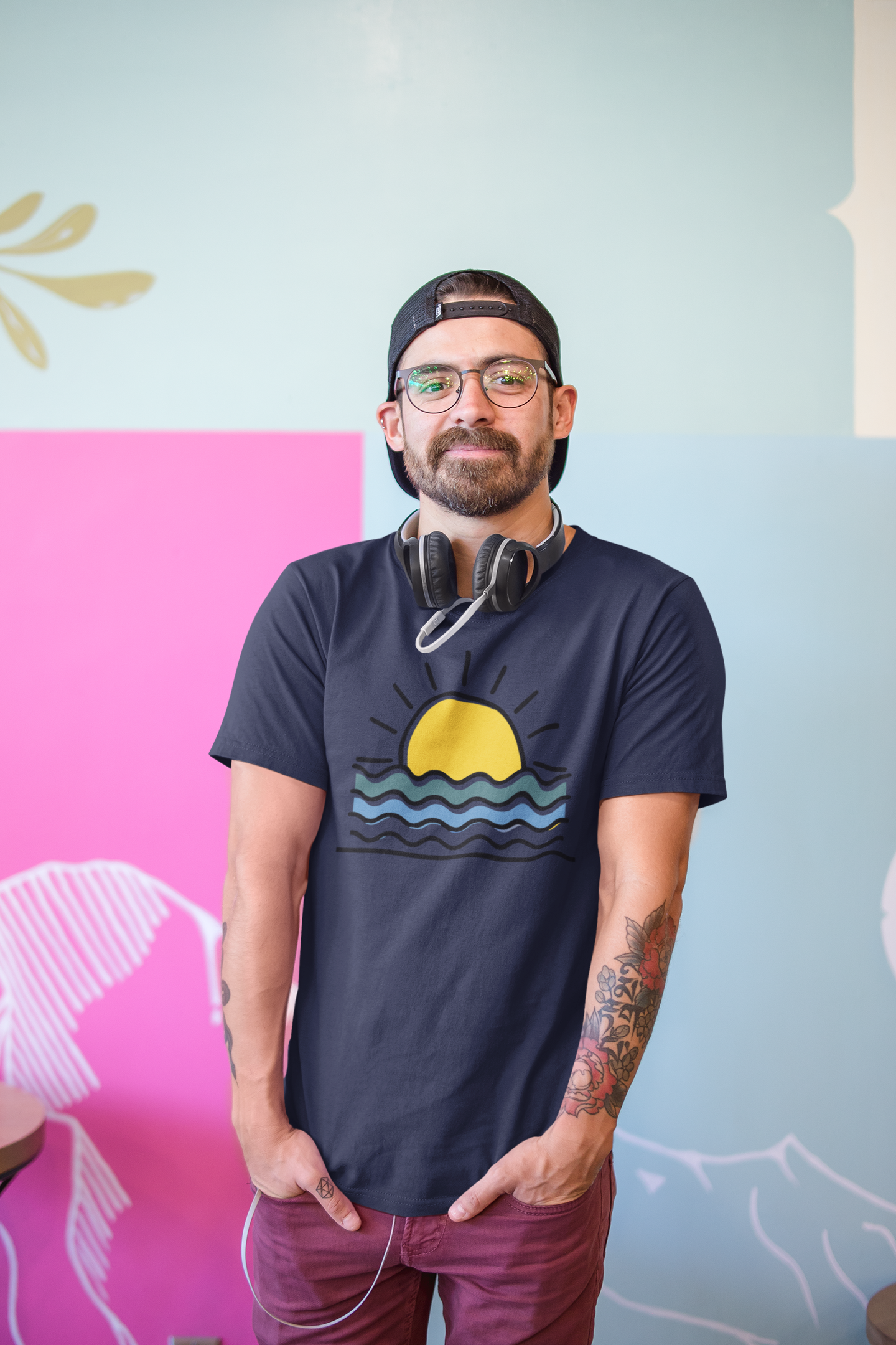Close-up of the Sunset Logo on Organic T-Shirt, inspired by the Atlantic Ocean.