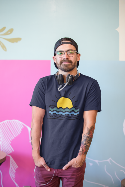 Close-up of the Sunset Logo on Organic T-Shirt, inspired by the Atlantic Ocean.