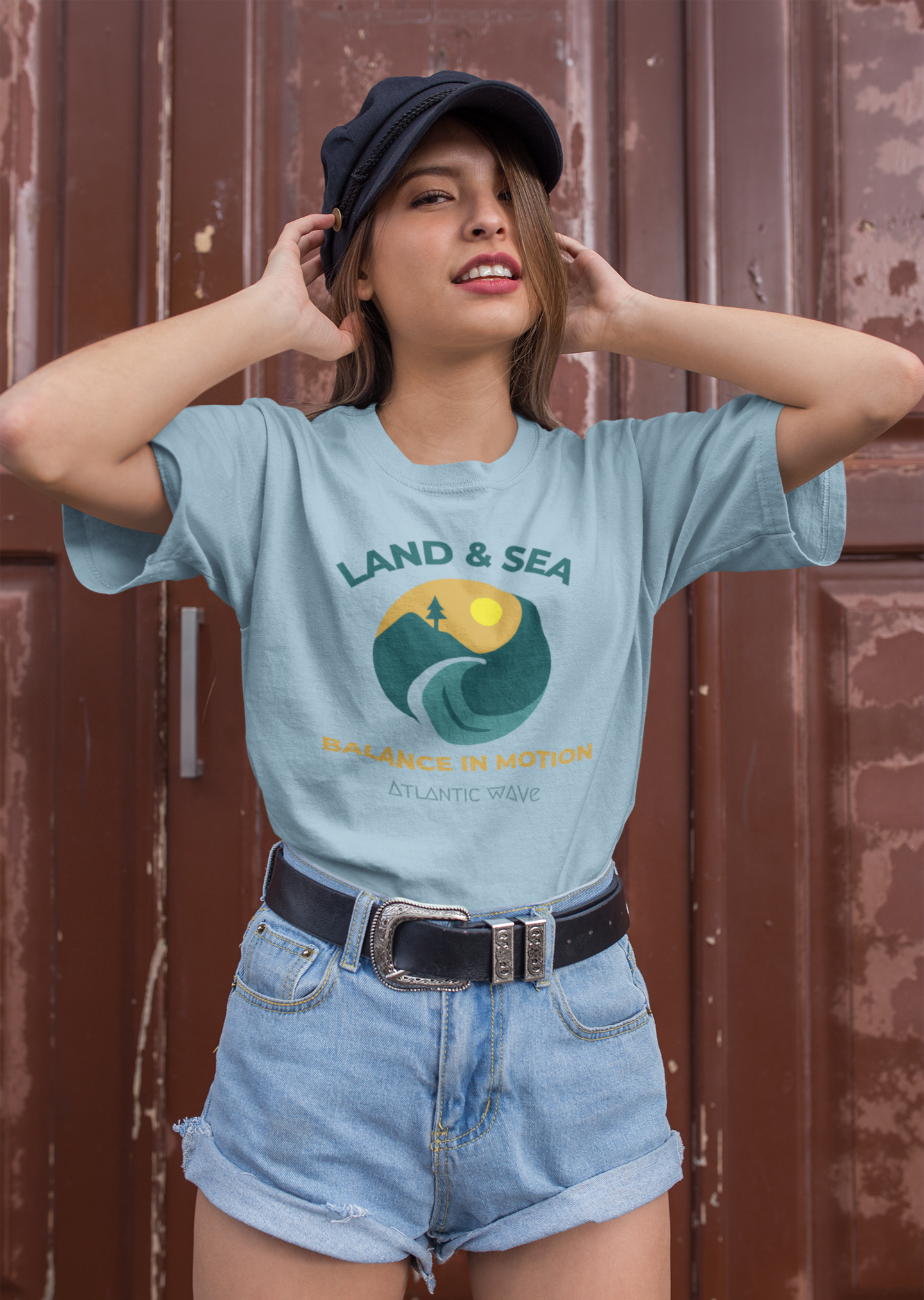 Coastal and mountain graphic on unisex eco t-shirt.