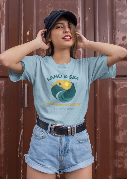 Coastal and mountain graphic on unisex eco t-shirt.