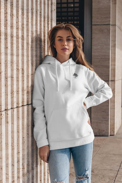 White Evora Sunset Minimal Organic Hoodie styled with jeans, embodying minimalist and ethical fashion. Perfect for casual and eco-conscious wear.