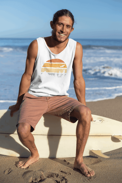 White Madeira Vintage Tank Top for men, showcasing a retro sunset and mountain print. Lightweight organic cotton, perfect for surf and beachwear.