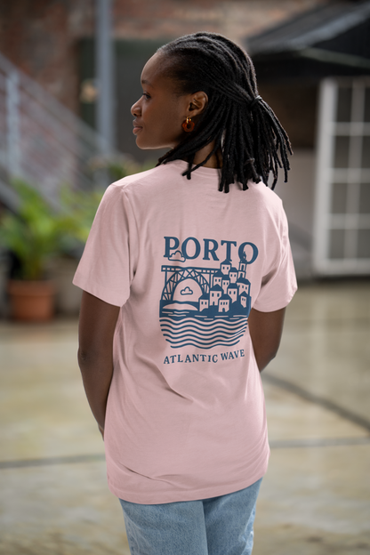 Unisex t-shirt with large blue PORTO logo printed on the back.