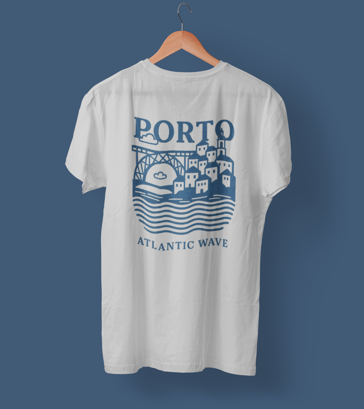 Back view of white t-shirt with Porto print in azulejo blue.