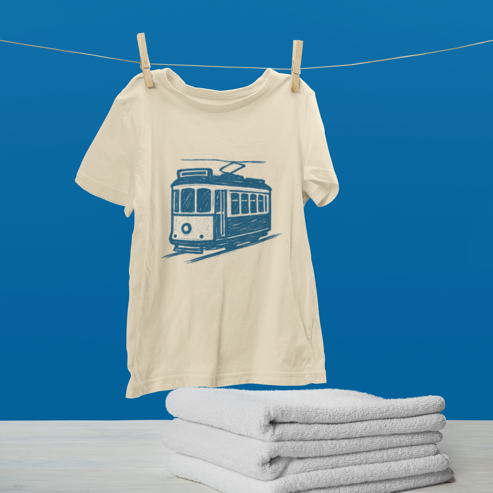 Sustainable shirt with artistic tram design inspired by Lisbon.