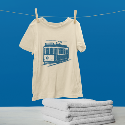 Sustainable shirt with artistic tram design inspired by Lisbon.