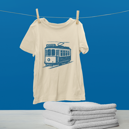 Sustainable shirt with artistic tram design inspired by Lisbon.