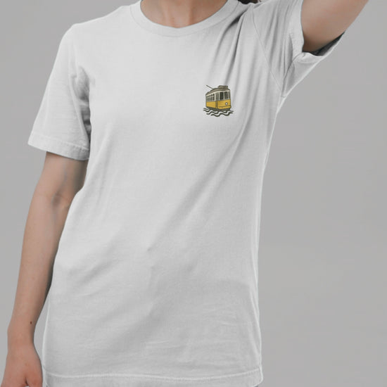 Unisex organic t-shirt with minimalist Lisbon tram logo.