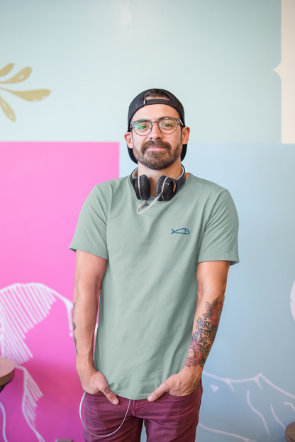 Sustainable organic shirt with Portugal-inspired sardine design.