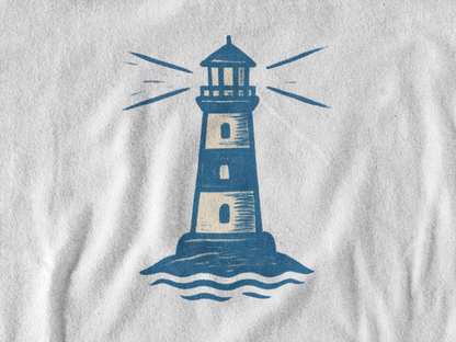 Minimal lighthouse shirt for beach and maritime style.