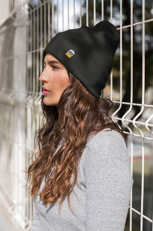 Black Lisbon Electrico Beanie with embroidered tram design, made from turbo acrylic. A stylish unisex accessory inspired by Lisbon's charm.