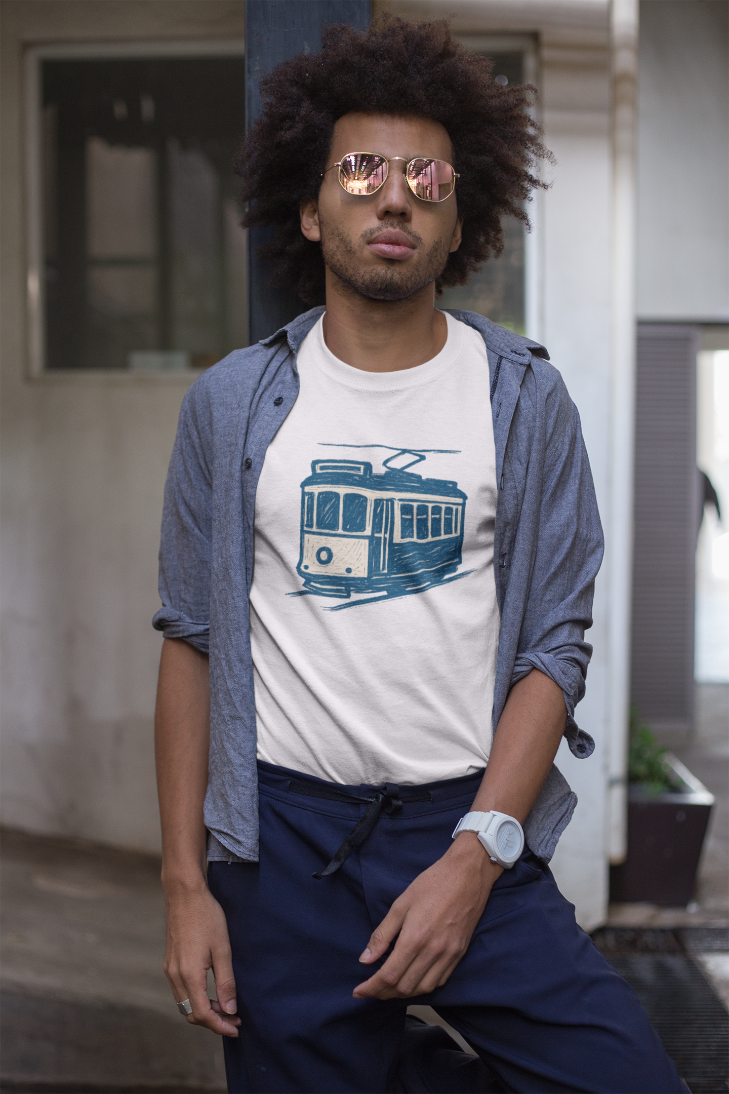 GOTS-certified t-shirt with tram art logo.