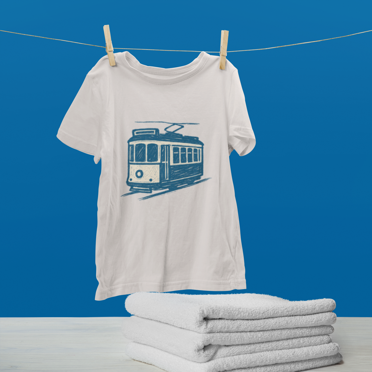 Folded eco-friendly t-shirt featuring brush line tram art.


