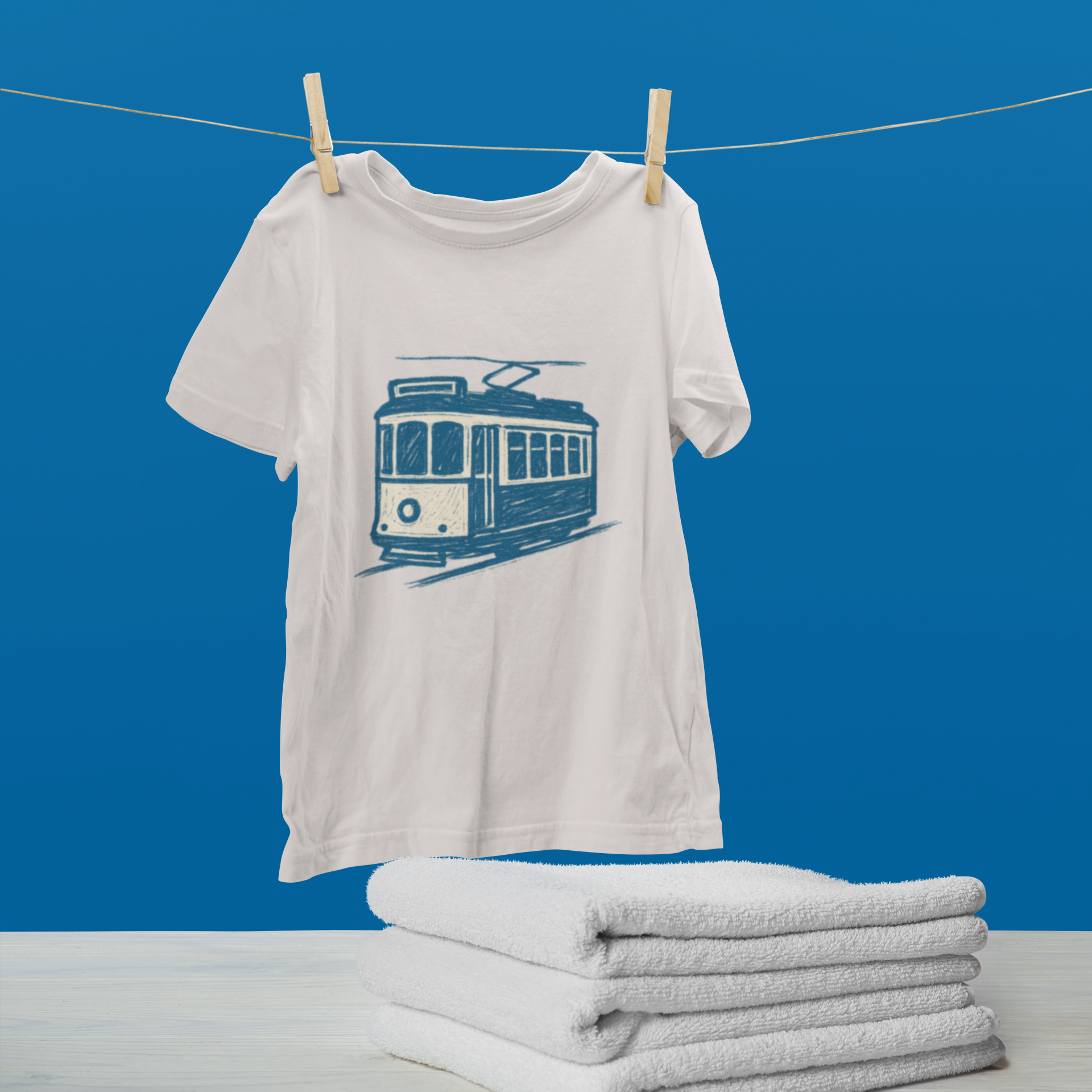 Folded eco-friendly t-shirt featuring brush line tram art.

